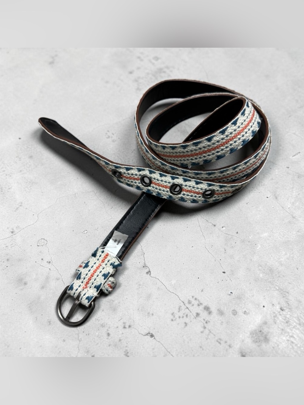 Boho Hippie Woven Pattern Belt – Blue, White & Tan – Size 12, 90s Bohemian